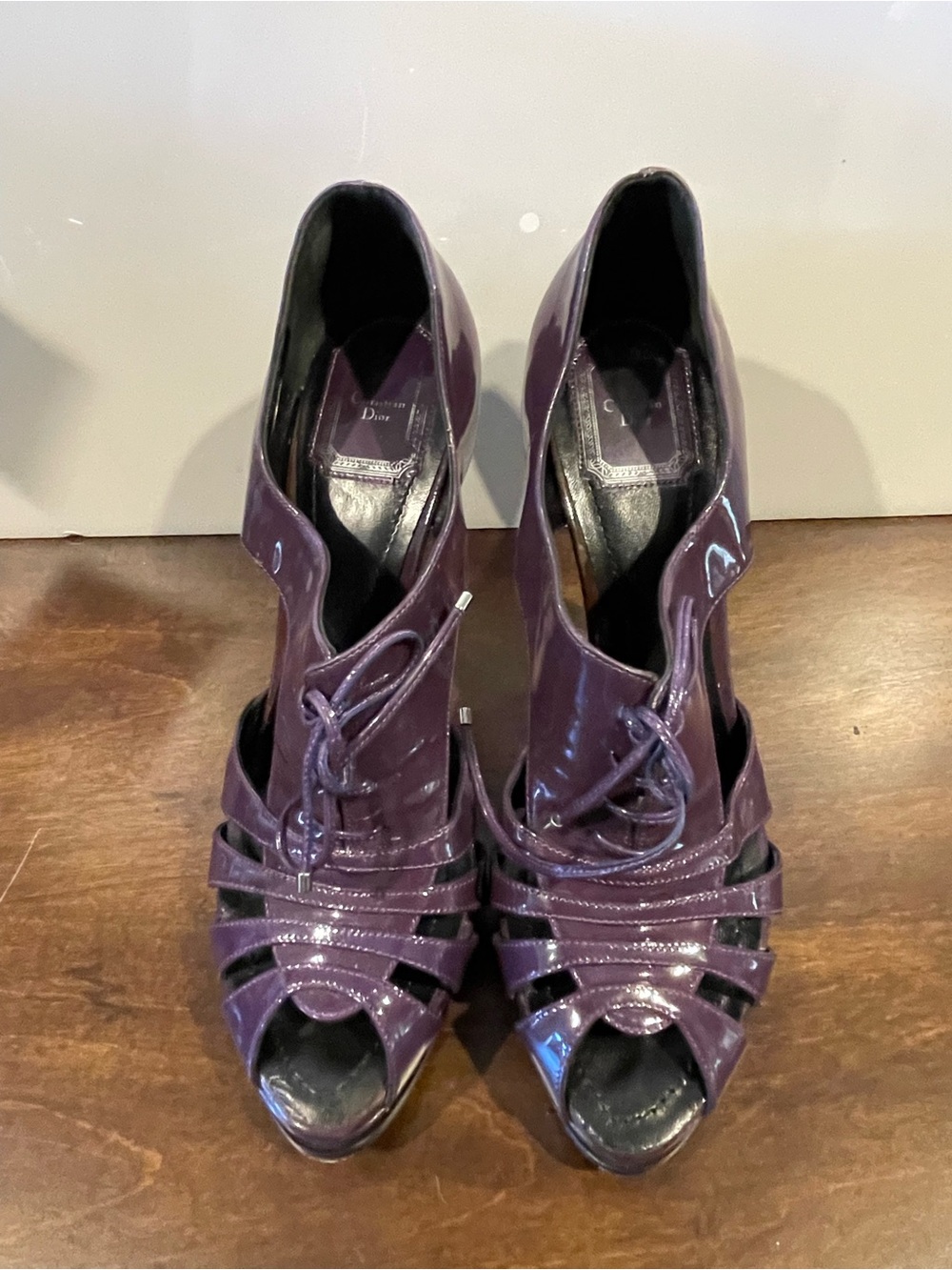 Dior Plum Patent Leather Lace-Up Peep-Toe Platform Booties